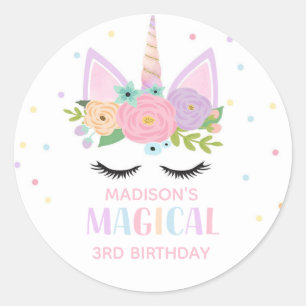 Sticker Rond Unicorn Fleurs Pois de fête d'anniversaire