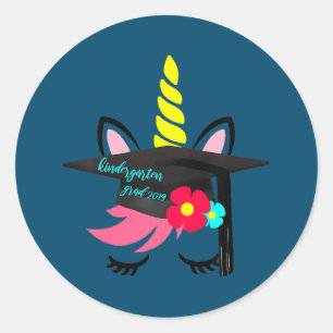 Sticker Rond Unicorn Graduation Cap Flower Kindergarten