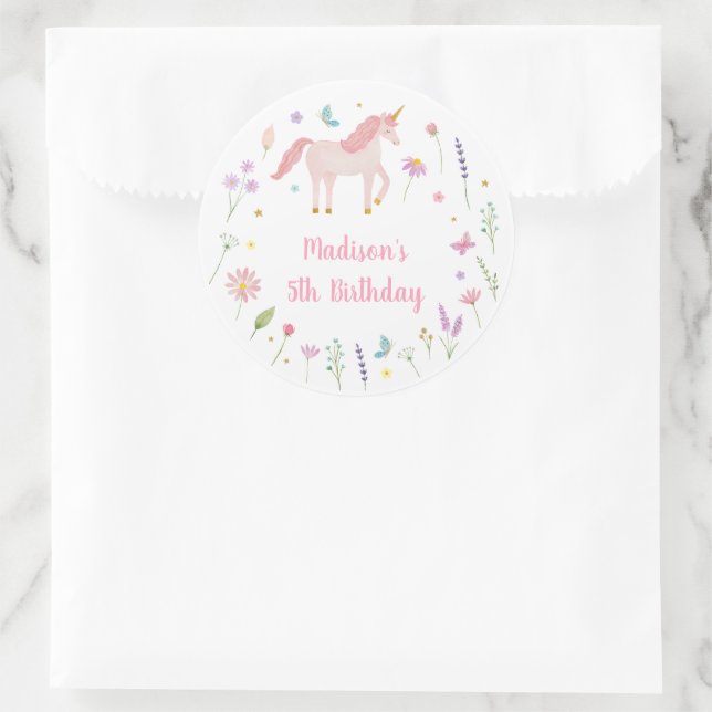 Sticker Rond Unicorn Meadow Pastel Pink Gold Birthday (Sac)