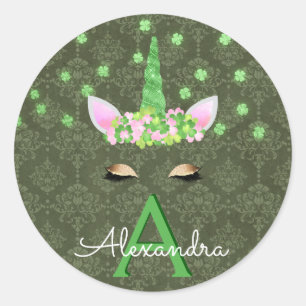 Sticker Rond Unicorn Monogramme Green St. Patrick's Day