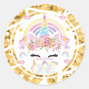 Sticker Rond Unicorn Parties scintillant Gold Personnalisé Prem