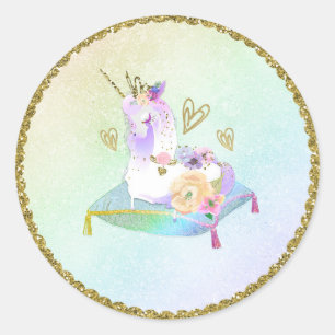 Sticker Rond Unicorn Princesse Iridescente Rainbow Pastel Party