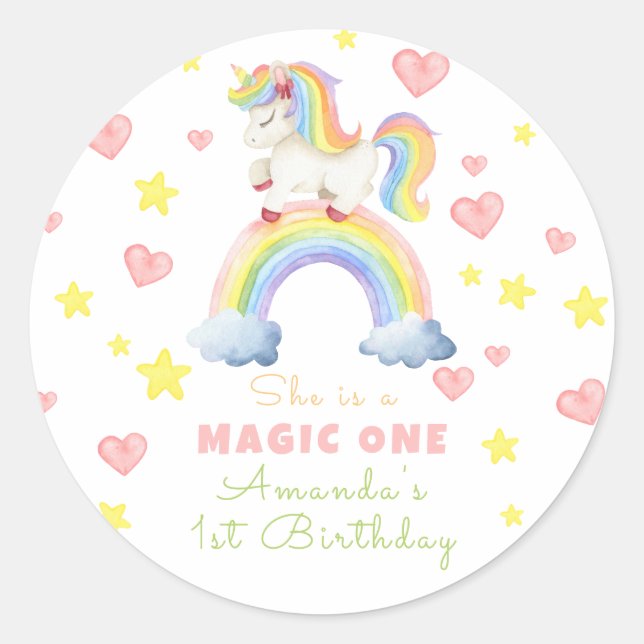 Sticker Rond Unicorn Rainbow Magic One First Birthday (Devant)