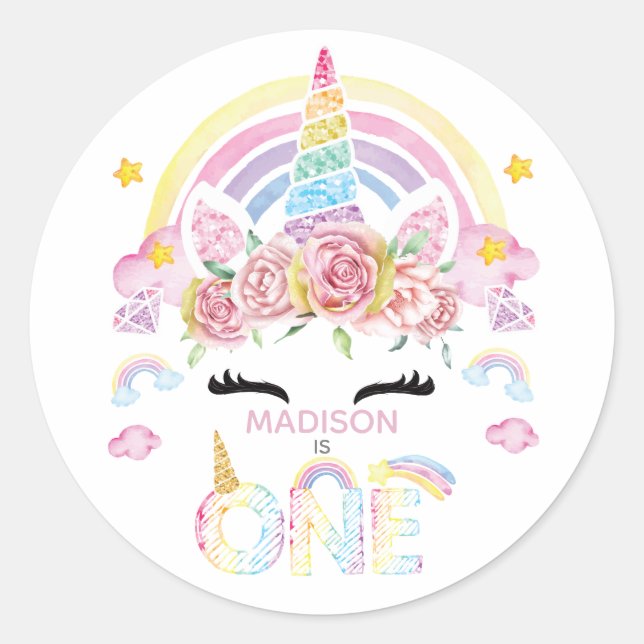 Sticker Rond Unicorn Rainbow Personnalisé Premier anniversaire (Devant)