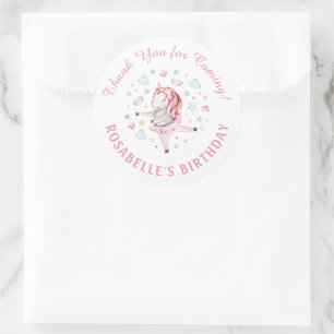 Sticker Rond Unicorn rose Ballerina Merci fête d'anniversaire