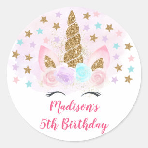 Sticker Rond Unicorn rose & or Magique Anniversaire