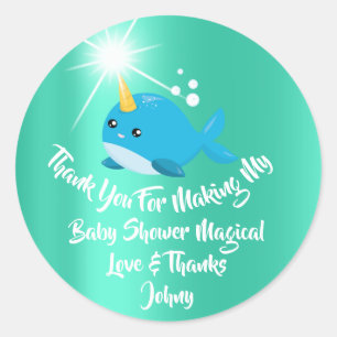 Sticker Rond Unicorn Sea Whale Favoriser Merci Mint Blu Baby sh
