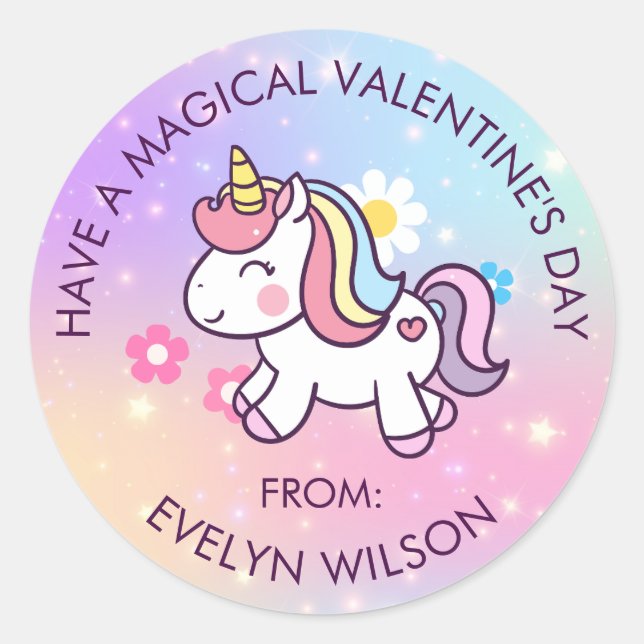 Sticker Rond Unicorn Valentines Day Girls Kids Classmate School (Devant)