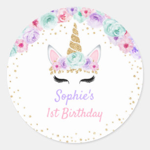 Sticker Rond Unicorne 1er anniversaire - Gold Turquoise rose po
