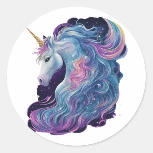 Sticker Rond Unicorne à crinière flottante entourée d'étoiles