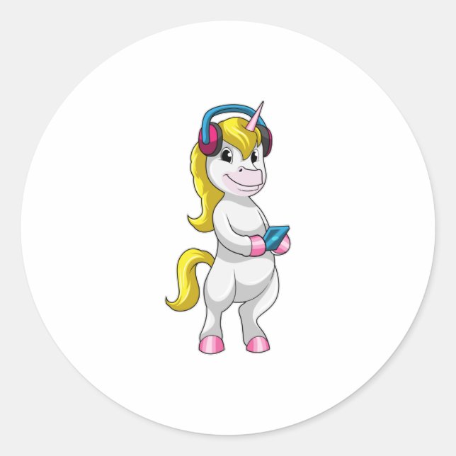 Sticker Rond Unicorne à l'écoute de musique avec casque (Devant)