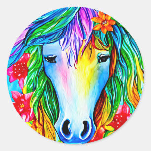 Sticker Rond Unicorne Abstraite Fleurs de visage aquarelle Art