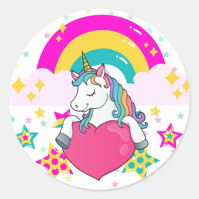 Sticker Rond Unicorne arc-en-ciel avec étoiles (Devant)