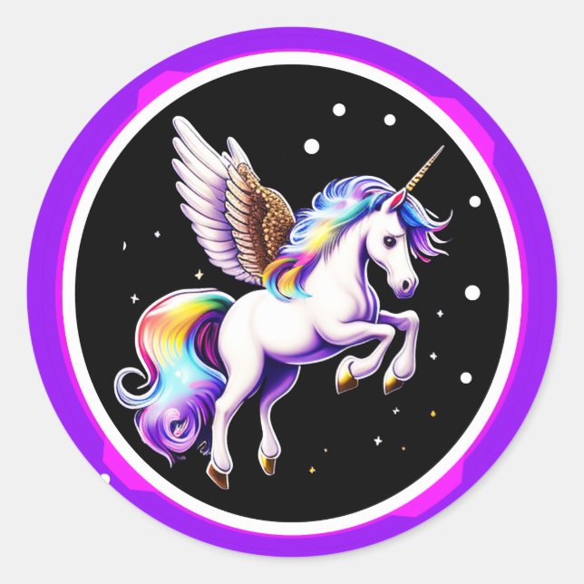 Sticker Rond Unicorne arc-en-ciel magique (Devant)