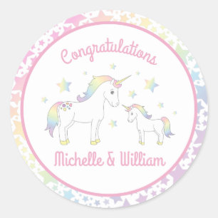 Sticker Rond Unicorne Baby shower Pastel Rainbow