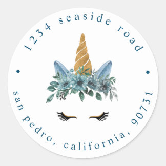 Sticker Rond unicorne blanche florale bleue Adresse de retour