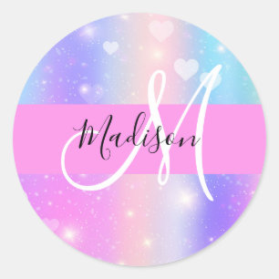 Sticker Rond Unicorne colorée fille Coeurs arc-en-ciel Monogram