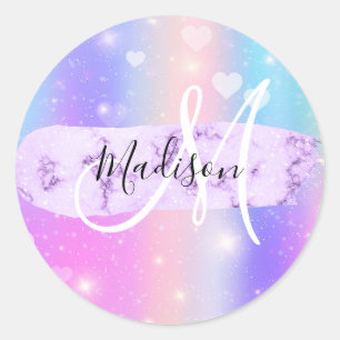 Sticker Rond Unicorne colorée fille Coeurs arc-en-ciel Monogram