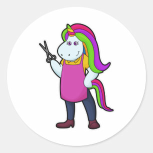 Sticker Rond Unicorne comme coiffeur avec ciseaux