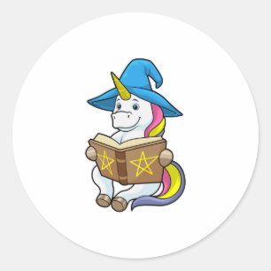 Sticker Rond Unicorne en tant qu'assistant avec livre et Casque