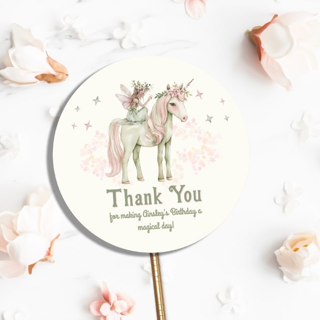 Sticker Rond Unicorne enchantée et fée Anniversaire personnalis (Créateur téléchargé)