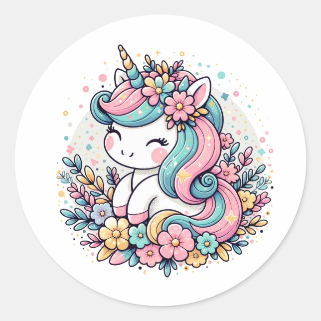 Sticker Rond Unicorne et fleurs rose et bleu (Devant)