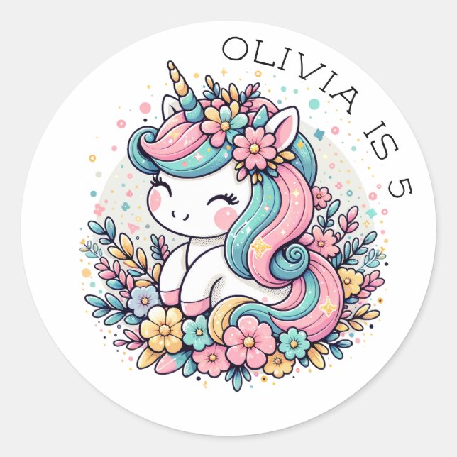 Sticker Rond Unicorne et fleurs rose et bleu Personnalisé (Devant)