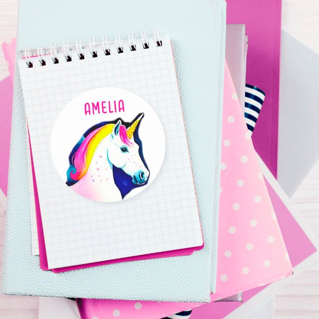 Sticker Rond Unicorne magique avec étoiles Nom de fille (Créateur téléchargé)