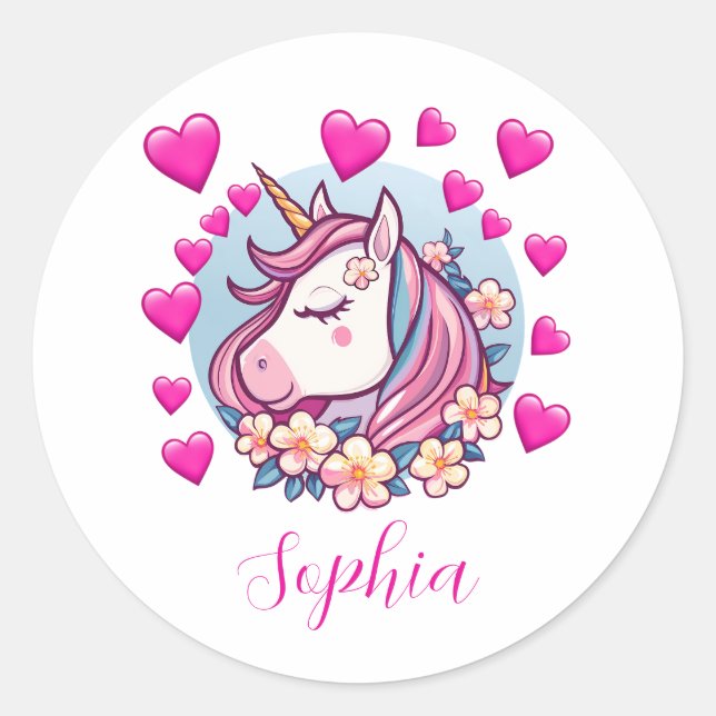 Sticker Rond Unicorne mignonne, Coeurs et Fleurs roses, Nom per (Devant)