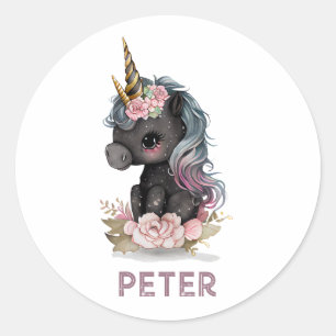 Sticker Rond Unicorne noire mignonne avec Fleurs Aquarelle Unic