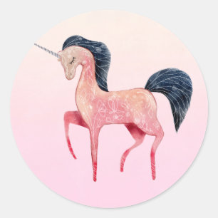 Sticker Rond Unicorne nordique rose avec Mane noir