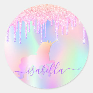 Sticker Rond Unicorne parties scintillant rose iridescente rose
