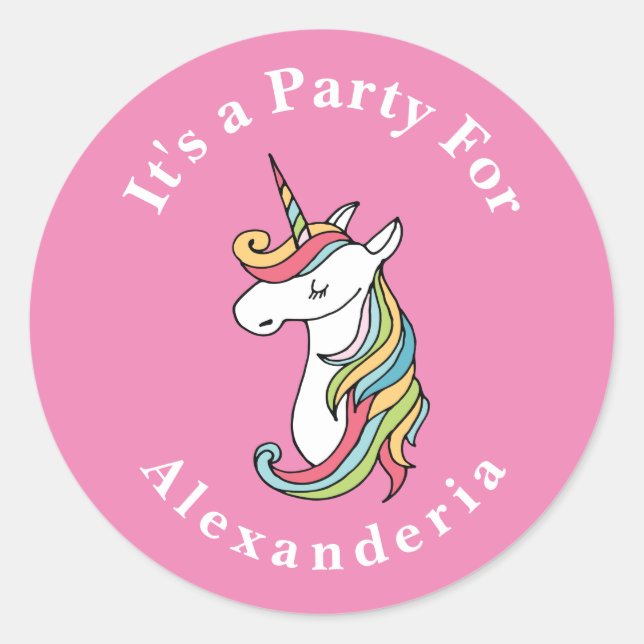 Sticker Rond Unicorne personnalisée Rainbow rose fête d'anniver (Devant)