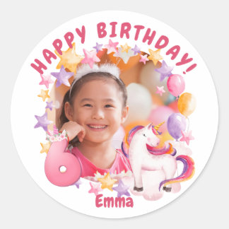 Sticker Rond Unicorne personnalisée rose 6e fille anniversaire