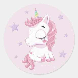 Sticker Rond Unicorne rose avec étoiles violettes