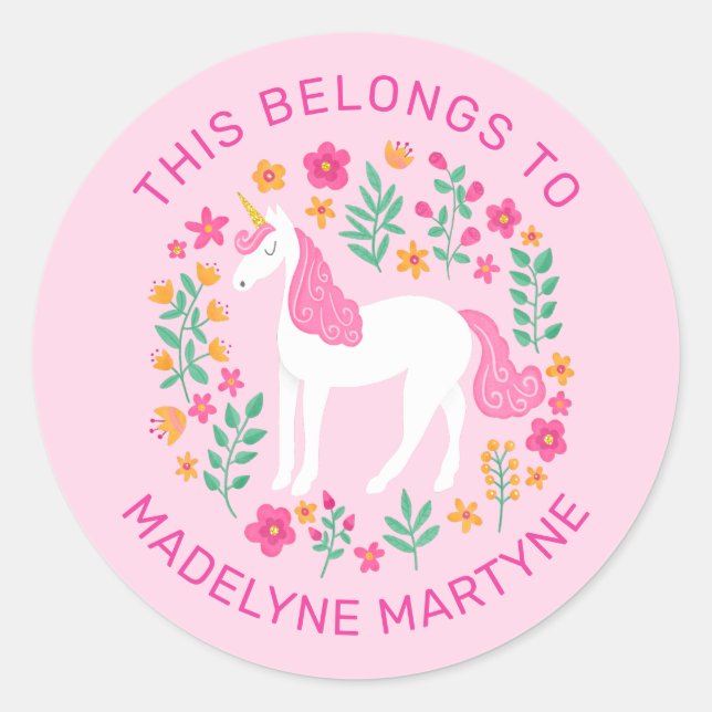 Sticker Rond Unicorne Rose Cela Appartient À L'École Personnali (Devant)