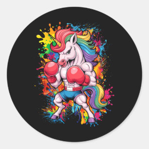 Sticker Rond Unicorne Rose Drôle Avec Gants De Boxe