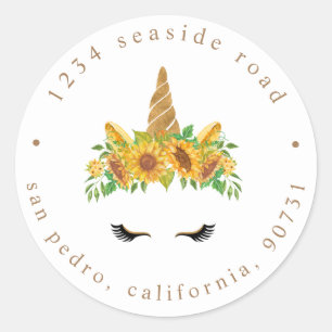 Sticker Rond unicorne somnolente tournesol Adresse de retour