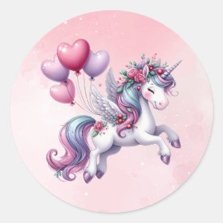Sticker Rond Unicorne volante rose