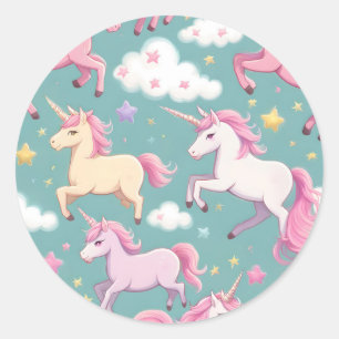 Sticker Rond Unicornes avec nuages et étoiles motif