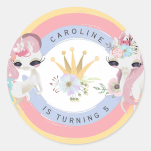 Sticker Rond Unicornes et arc-en-ciel fête d'anniversaire fille