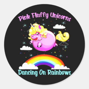 Sticker Rond Unicornes Fluffes Roses Dansant Sur Rainbows T Shi