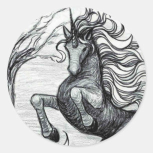 Sticker Rond Unicornes noir licorne noir et blanc dessin