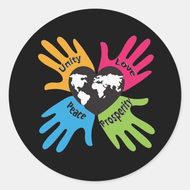Sticker Rond Unité, Amour, Paix, Prospérité (Devant)