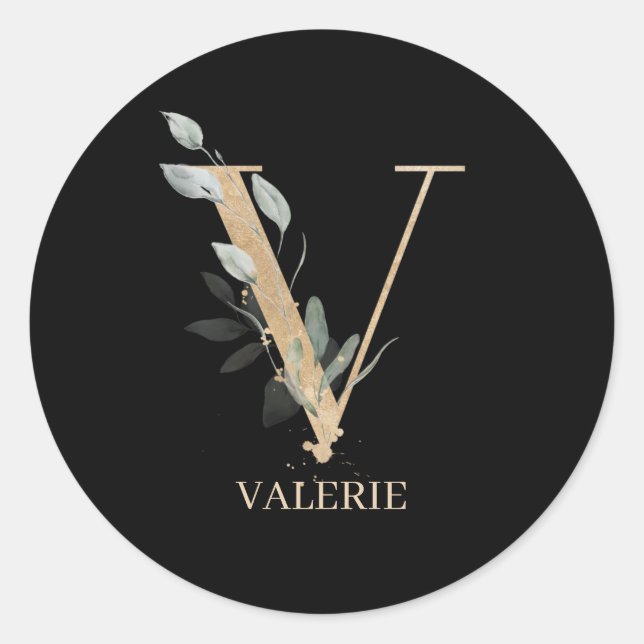 Sticker Rond V Monogramme Floral Personnalisé (Devant)