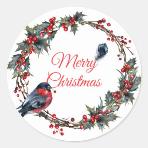 Sticker Rond Vacances Bulfinch Berry Mistletoe couronne de Noël