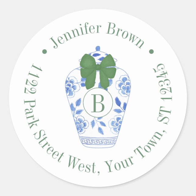 Sticker Rond Vacances Chinoiserie Monogram Adresse de retour (Devant)