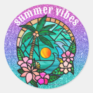 Sticker Rond Vacances d'été plage océan au coucher du soleil