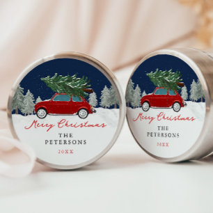 Sticker Rond Vacances d'hiver Camion rouge Cadeaux de Noël