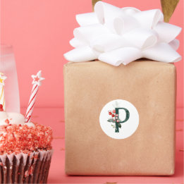 Sticker Rond Vacances d'hiver MONOGRAMME baie de poinsettia rou